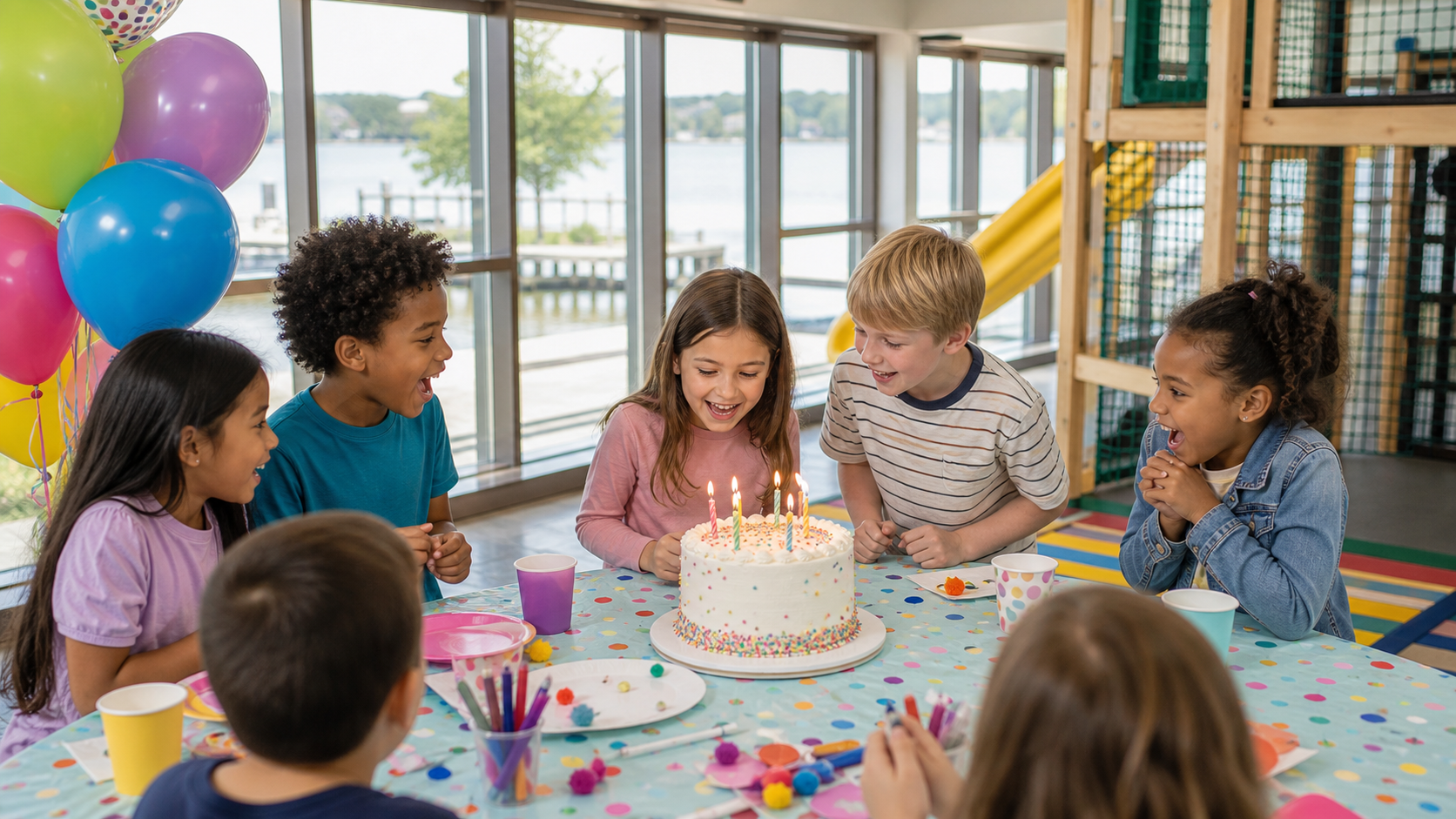 Children celebrating a birthday at a bright family play venue in Anne Arundel County