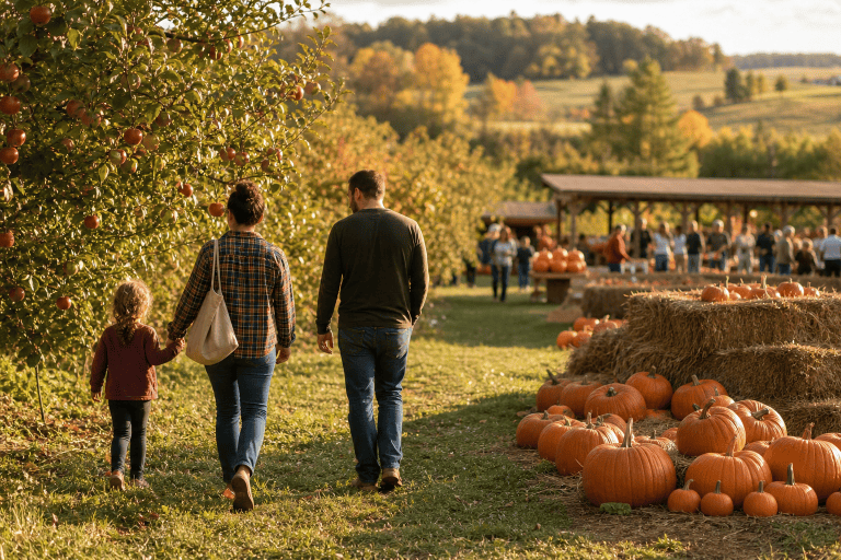 Families visiting an apple orchard and pumpkin patch on a sunny fall afternoon near Maryland