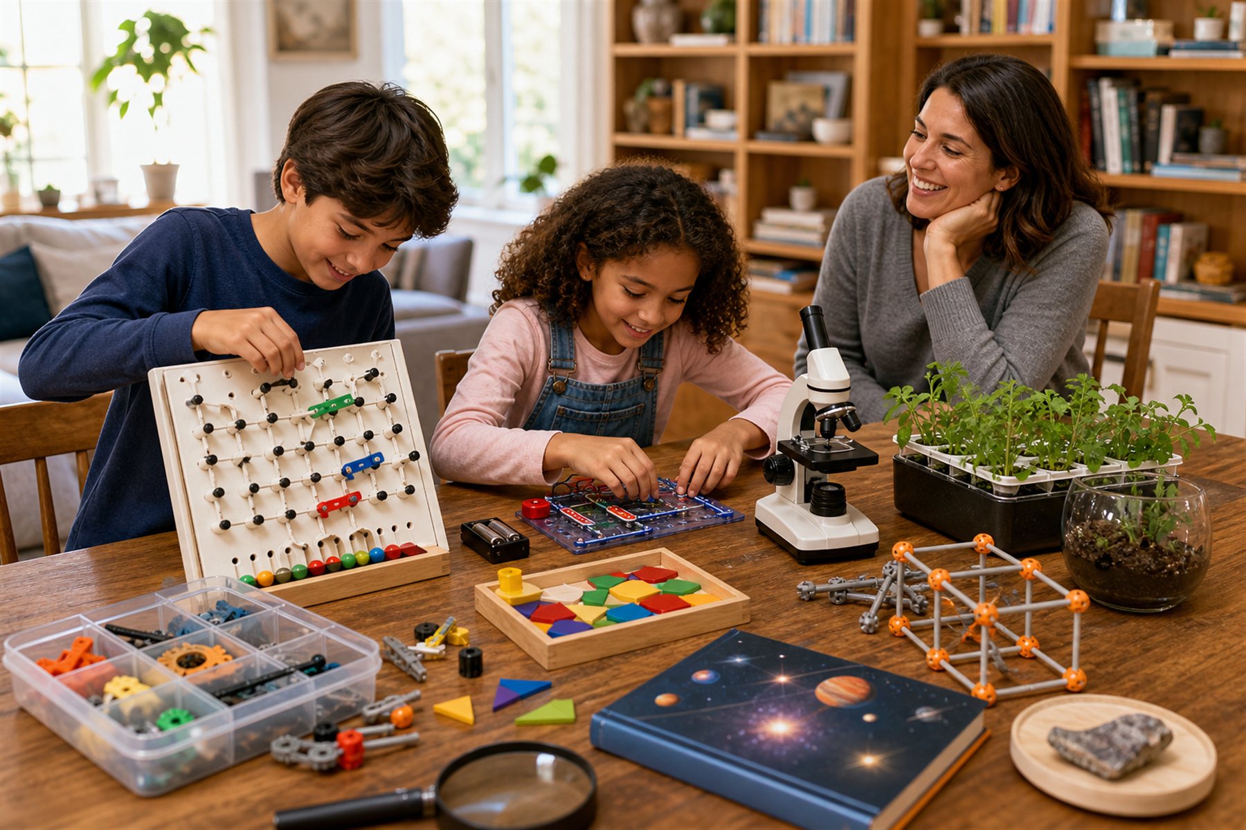 Two curious children exploring electronics, a microscope, geometry pieces, plants and other educational gifts with a parent