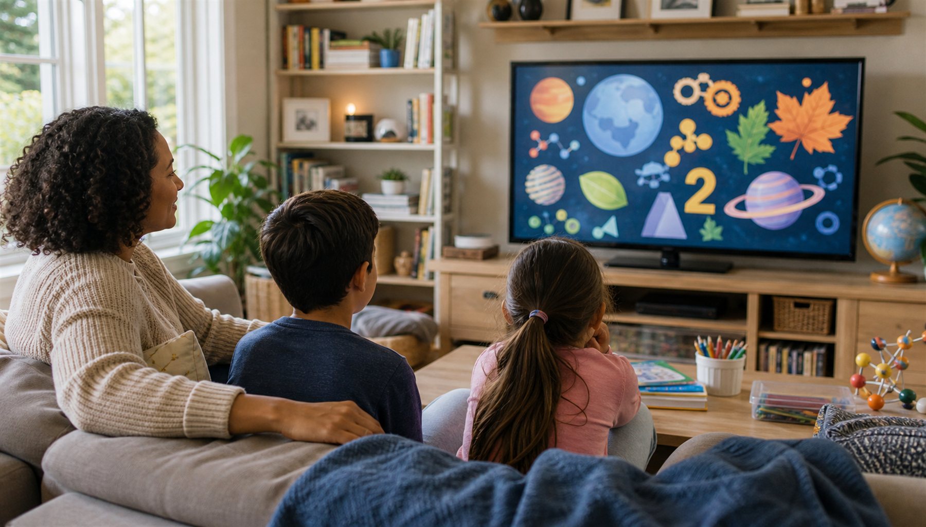 A parent watching an educational science program with two children in a comfortable family room
