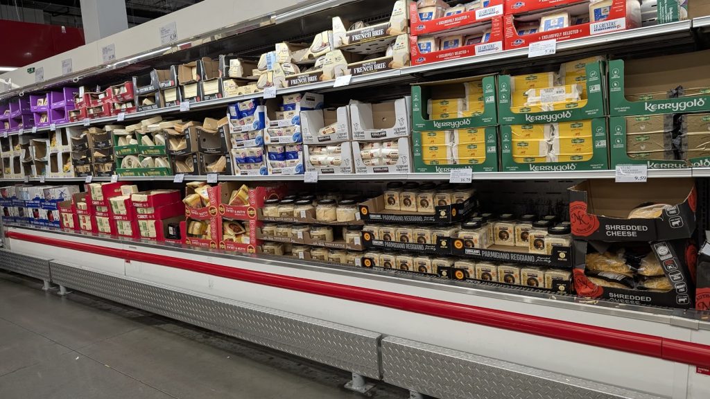 Cheese and dairy selection in a Costco warehouse