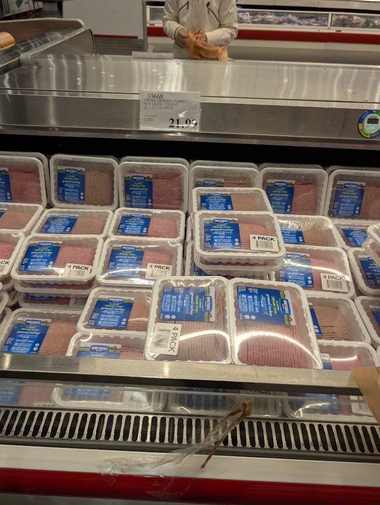 Ground turkey packages in the refrigerated meat section at Costco