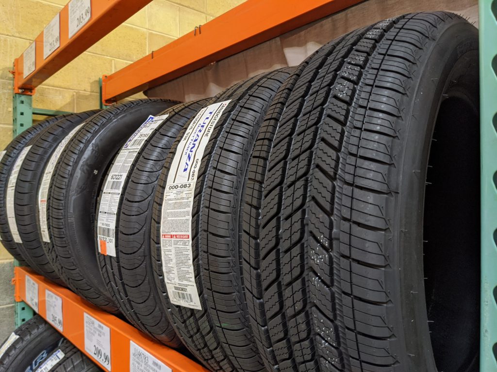 Tires displayed in a Costco Tire Center