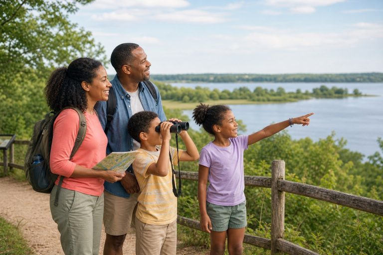 A family exploring a scenic Maryland park overlook with binoculars and a trail map