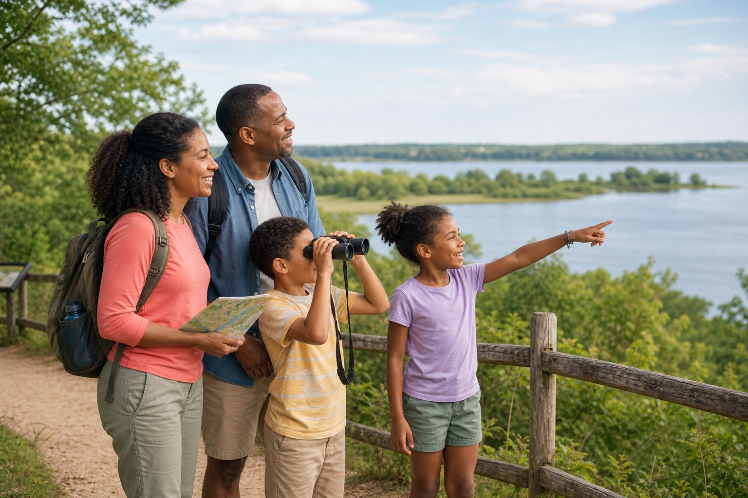 A family exploring a scenic Maryland park overlook with binoculars and a trail map