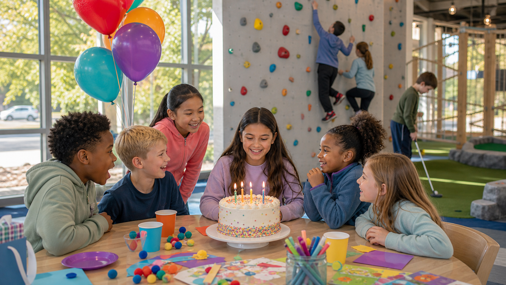 Children celebrating a birthday beside a climbing wall and indoor mini golf course