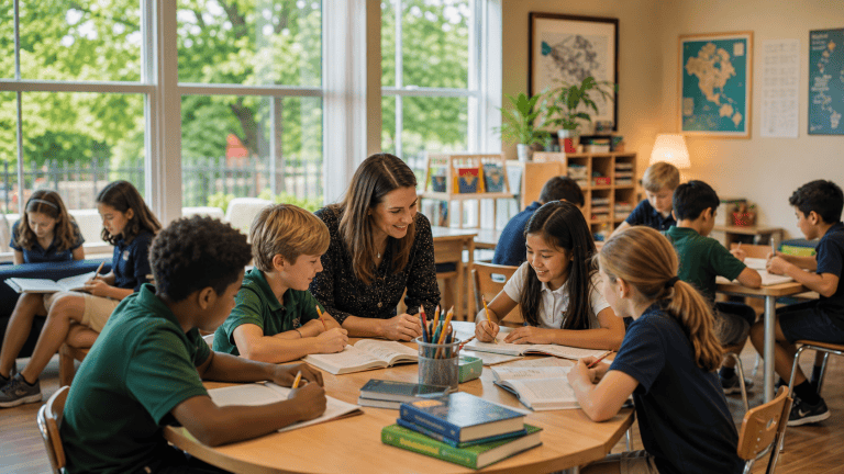 Students and a teacher learning together in a bright private-school classroom