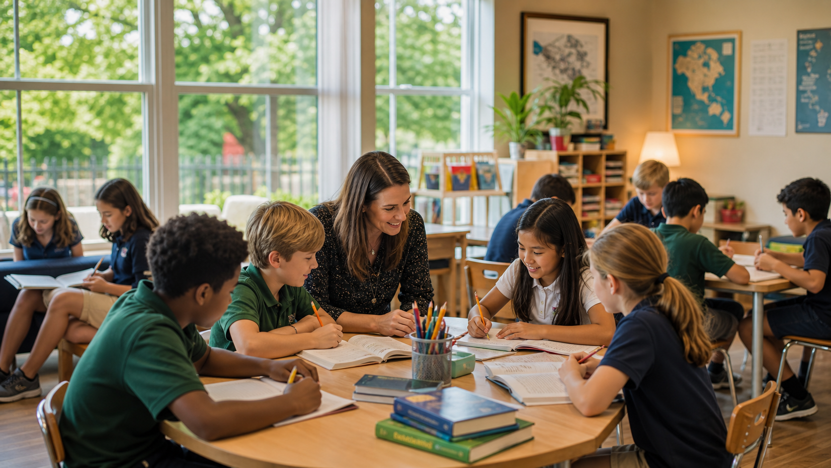 Students and a teacher learning together in a bright private-school classroom