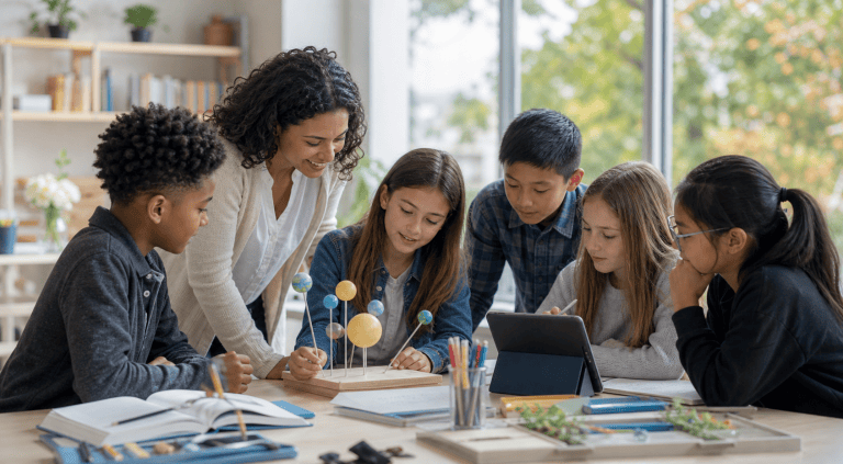 Students and a teacher learning together in a small private-school classroom