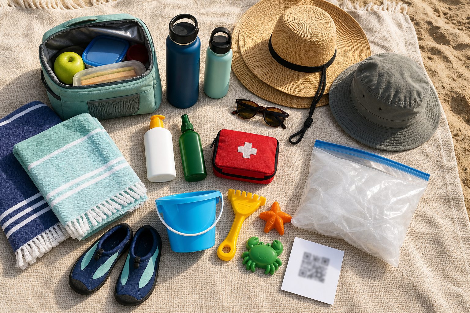 Beach towels, water shoes, hats, sunscreen, insect repellent, food, water and a trash take-home bag packed for a family beach day