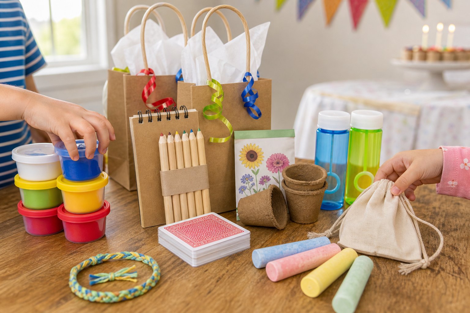 Useful kids birthday party favors including modeling dough, notebooks, cards, seeds, bubbles, chalk and a bracelet