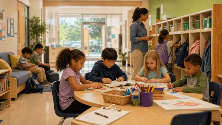 Elementary school children doing quiet after-school activities with an adult caregiver nearby.
