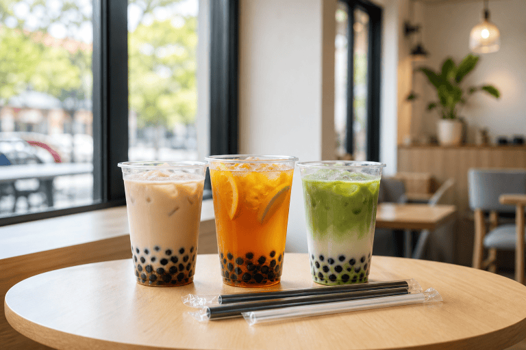 Three colorful bubble tea drinks on a cafe table with tapioca pearls