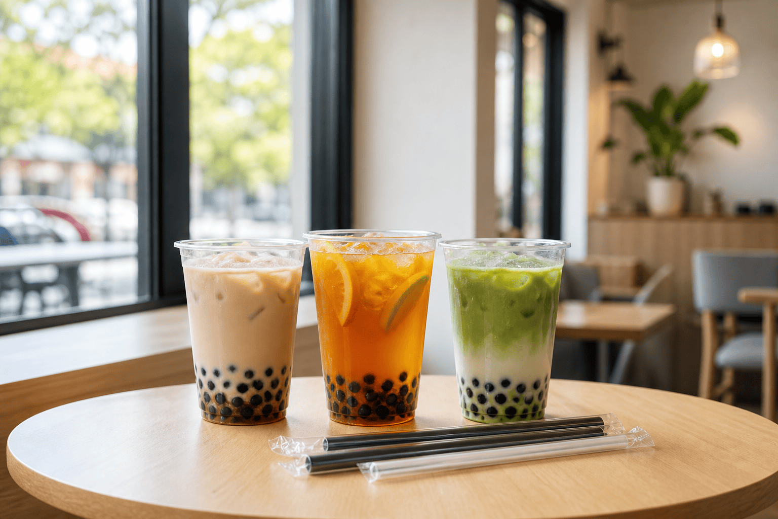 Three colorful bubble tea drinks on a cafe table with tapioca pearls