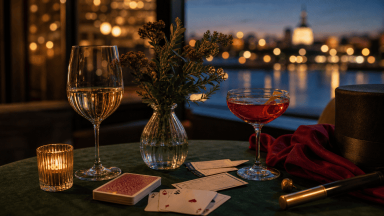 Warm date night table with drinks, playing cards, theater tickets, and evening city lights near Maryland water