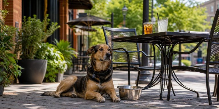 A calm dog resting beside a water bowl on an outdoor cafe patio