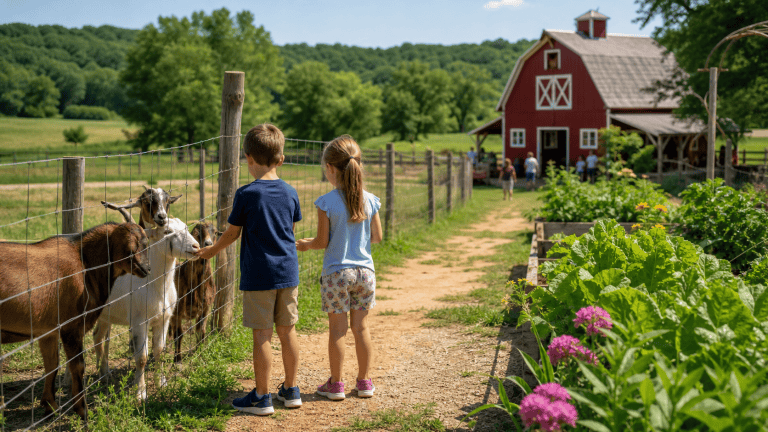 Children visiting a Howard County farm, feeding goats near garden beds and a red barn