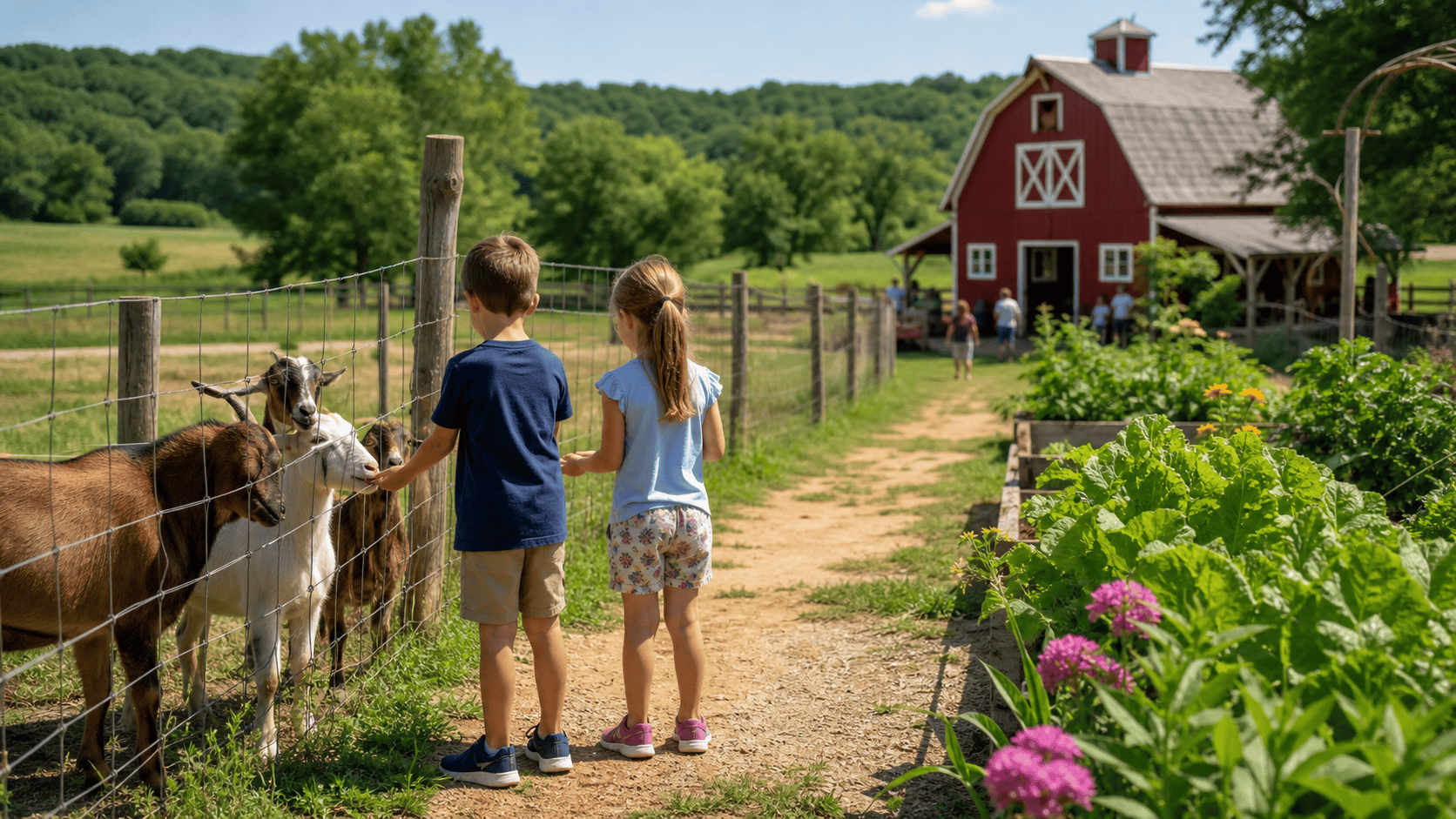 Children visiting a Howard County farm, feeding goats near garden beds and a red barn
