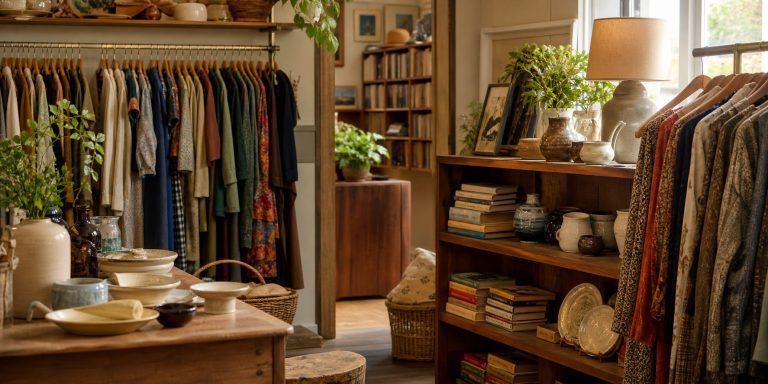 A warm secondhand shop interior with clothing racks, used books, and vintage home goods