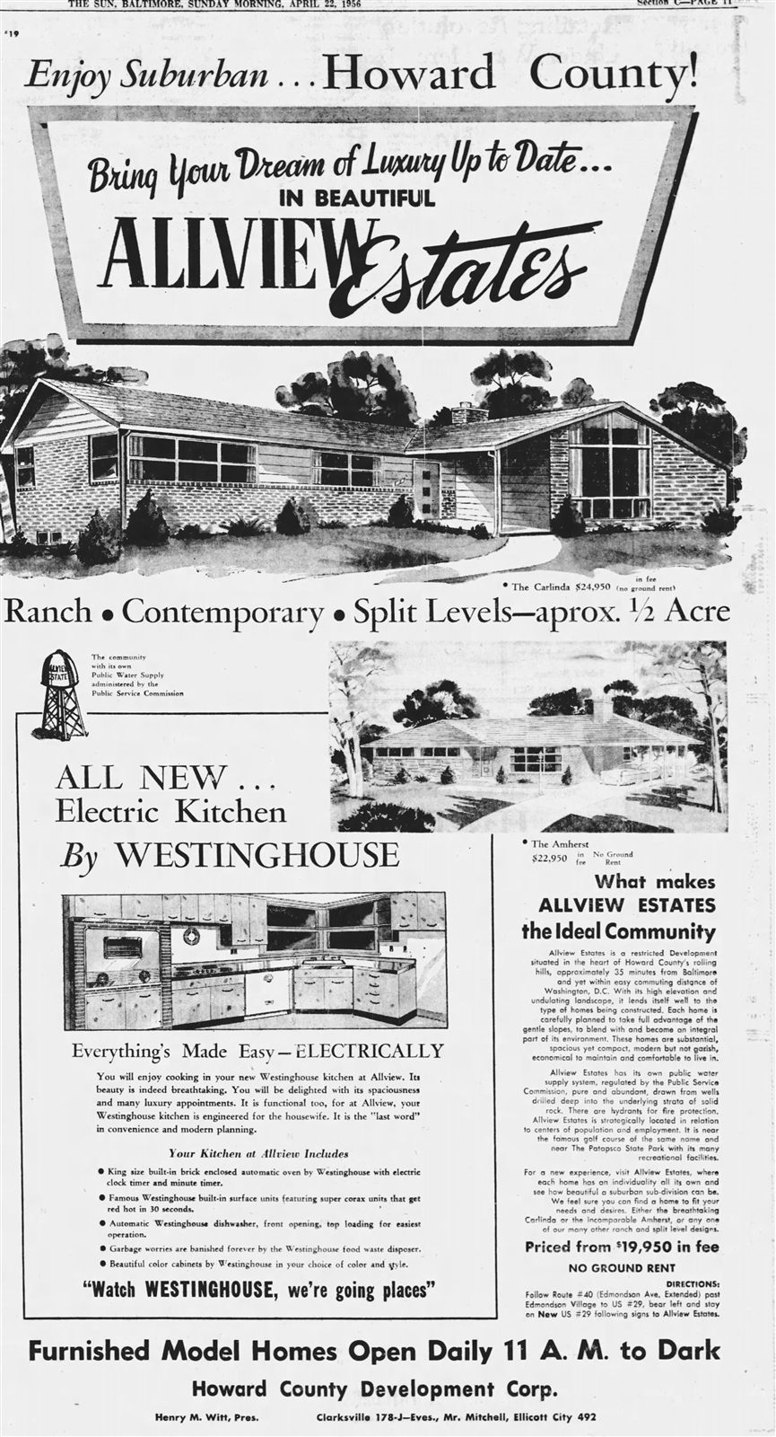 1956 Baltimore Sun advertisement for Allview Estates in Howard County