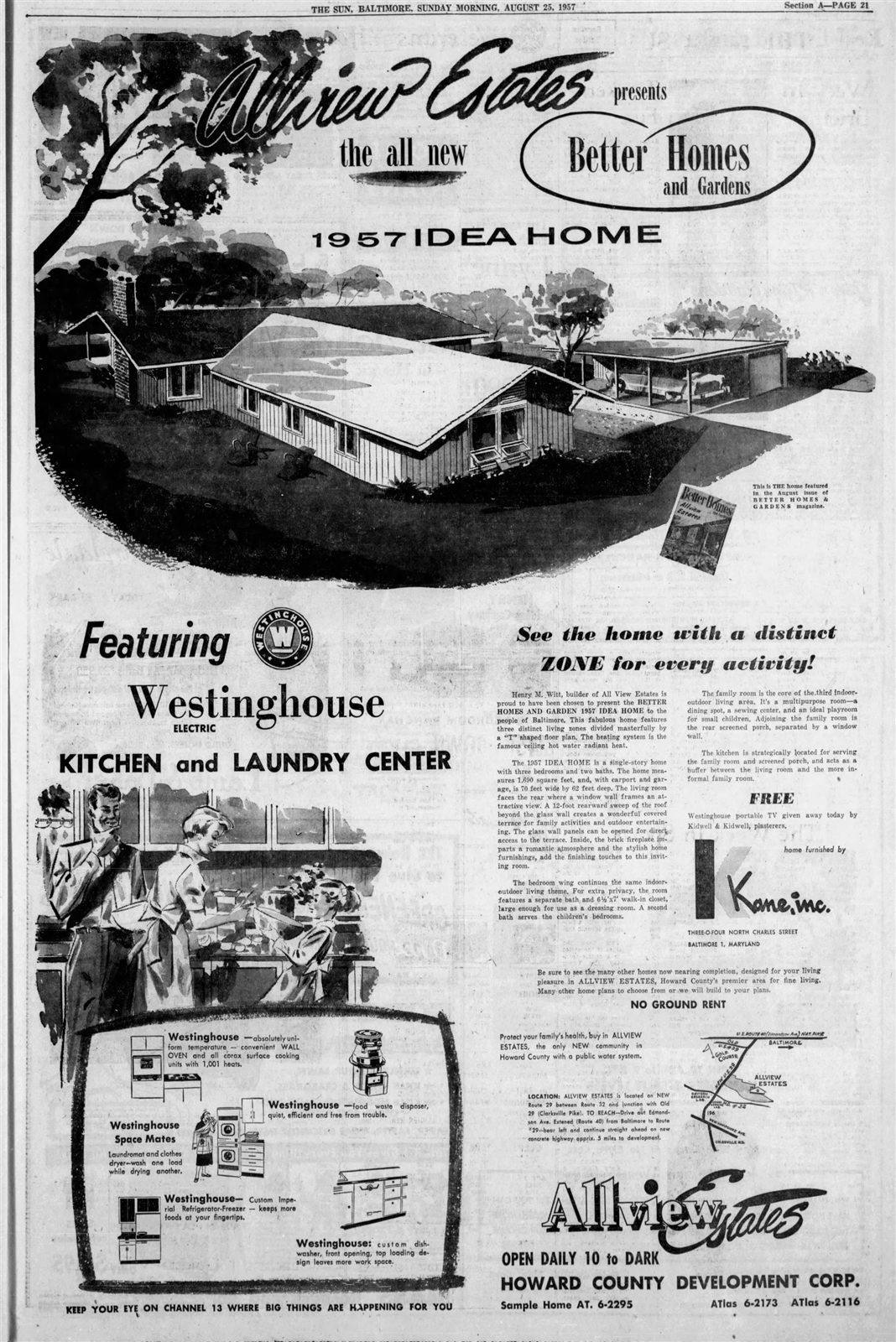 1957 Baltimore Sun advertisement for the Allview Estates Better Homes and Gardens Idea Home