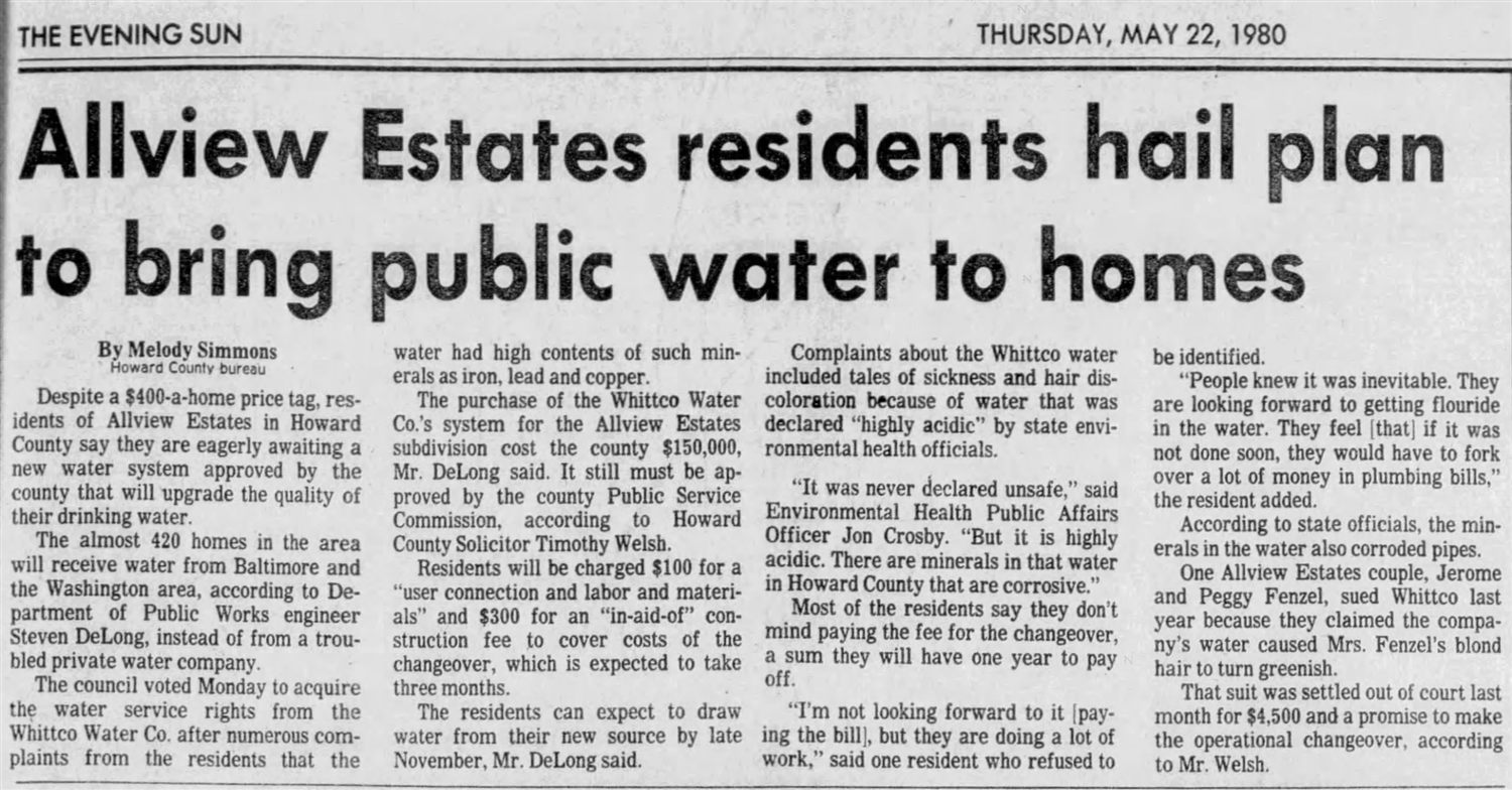 1980 Evening Sun article about Allview Estates residents and public water plans