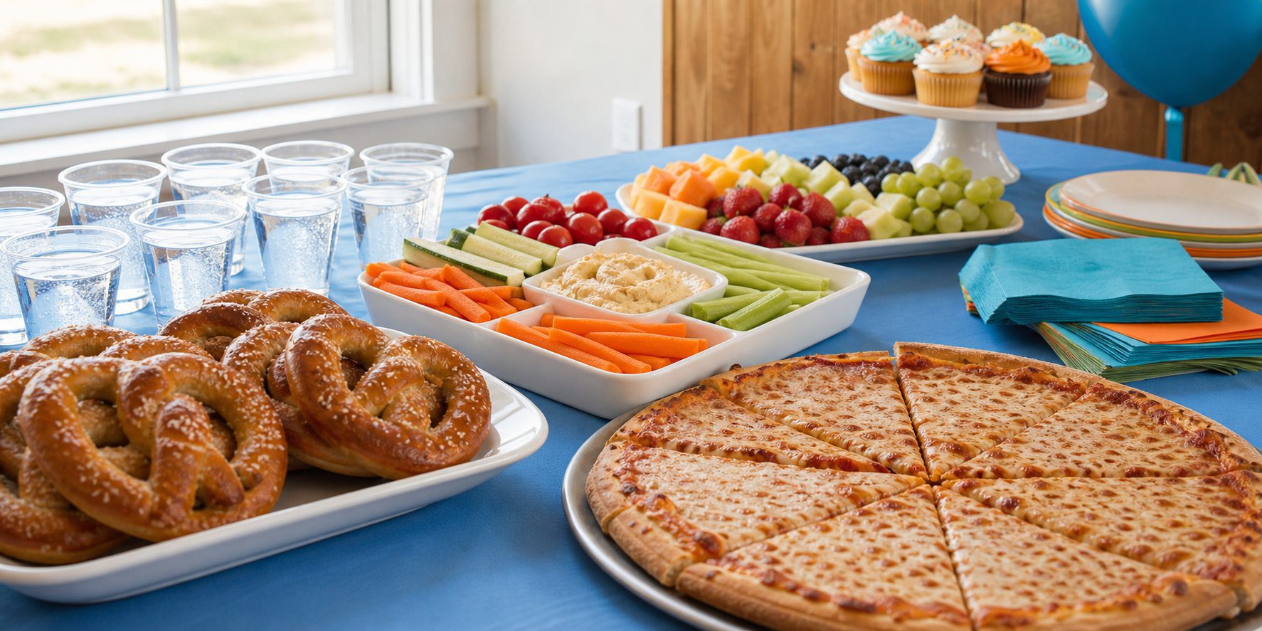 Birthday party food table with soft pretzels, pizza, fruit, vegetables, water cups, and cupcakes