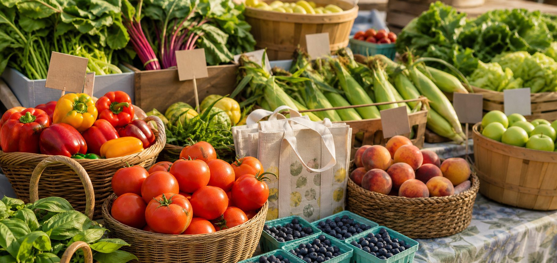 Fresh produce baskets at a market with tomatoes, greens, corn, peaches, berries, and apples
