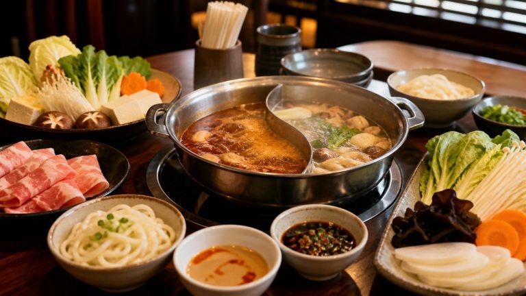 A warm restaurant table with hot pot broth, vegetables, noodles, tofu, sauces, and sliced meat
