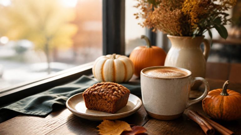 Pumpkin spice latte, pumpkin loaf, and small pumpkins on a cozy cafe table for the Howard County pumpkin spice guide