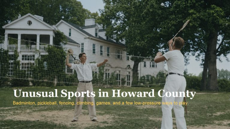 Two people playing badminton in a colorized historic public domain photo used for a Howard County unusual sports guide