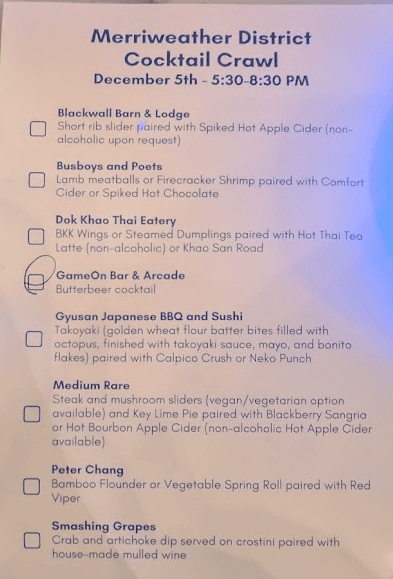 Merriweather District Cocktail Crawl restaurant card listing participating restaurants and tasting items