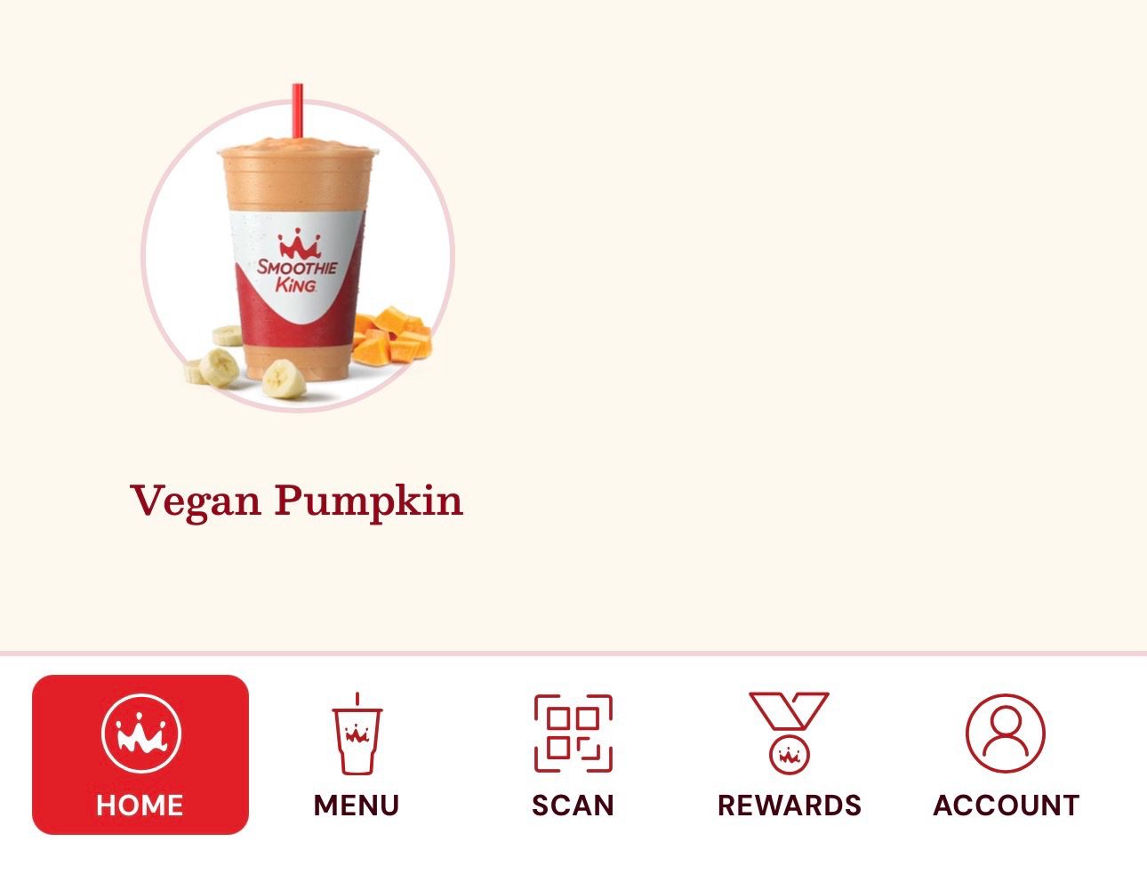 Smoothie King Vegan Pumpkin smoothie shown in the Smoothie King app