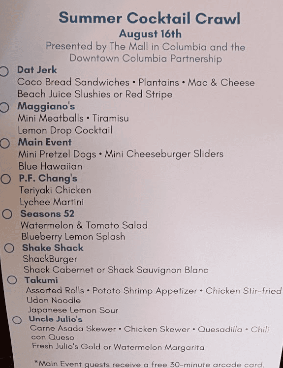 Summer Cocktail Crawl restaurant check-off card from The Mall in Columbia showing participating restaurants and menu samples