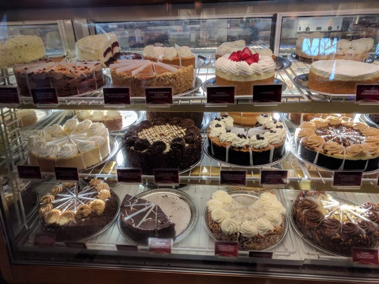 Cheesecakes on display at The Cheesecake Factory in Columbia, Maryland