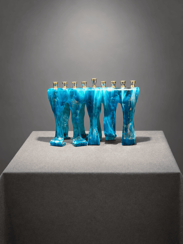 Deep Waters Hanukkah Menorah handmade fused glass by Paige's Glass Art