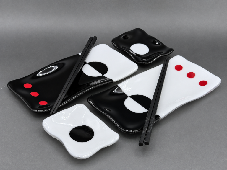 Red Dot Eclipse Sushi Set handmade fused glass by Paige's Glass Art