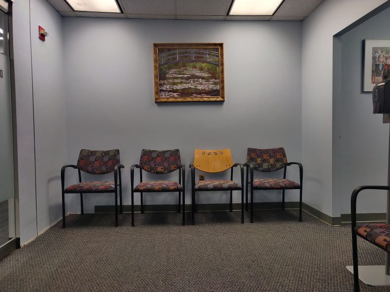 A clean medical office waiting room representing urgent care centers in Columbia, Maryland